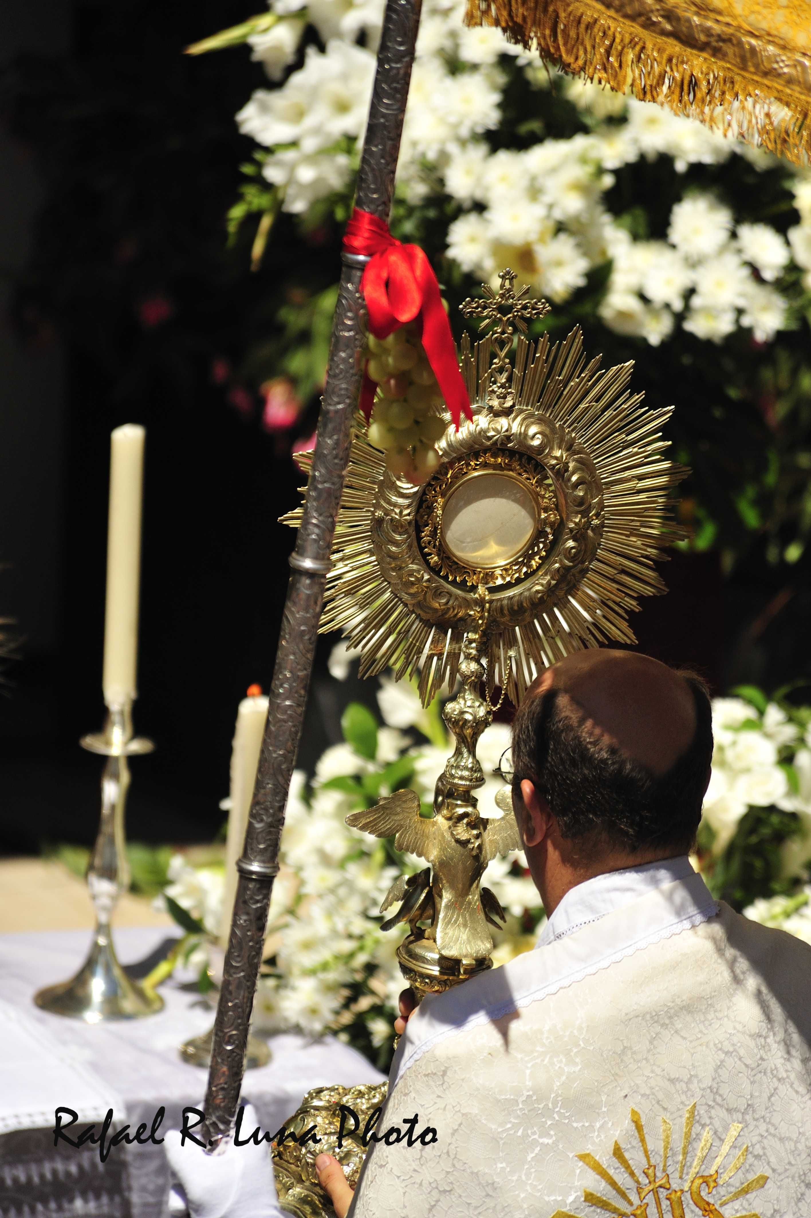 Fotografía donde observamos como el párroco, porta el Santísimo bajo el palío que es transportado por los fieles.