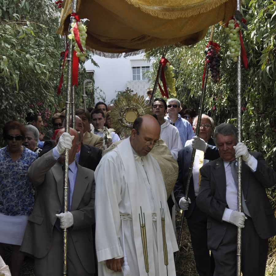 Fotografía donde se ve como procesiona el Santísimo por las calles de la villa, por sus verdes calles, decoradas por los ciudadanos de la villa.