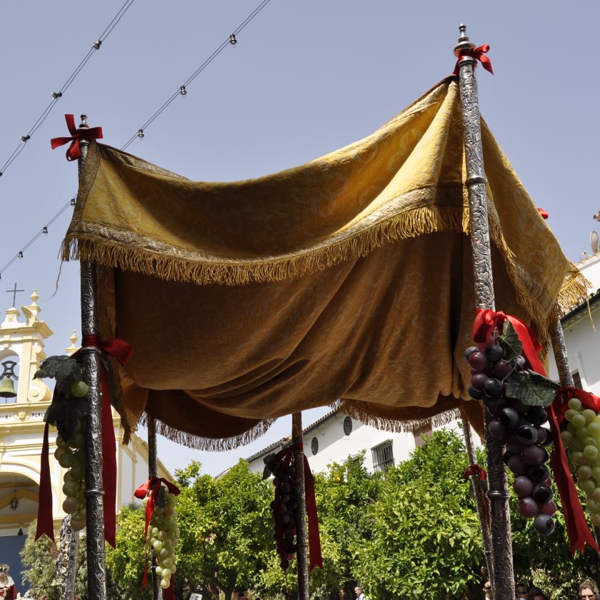 Fotografía donde podemos observar el Palio, el cual es transportado por fieles, donde bajo el, el Santísimo procesiona por la villa.